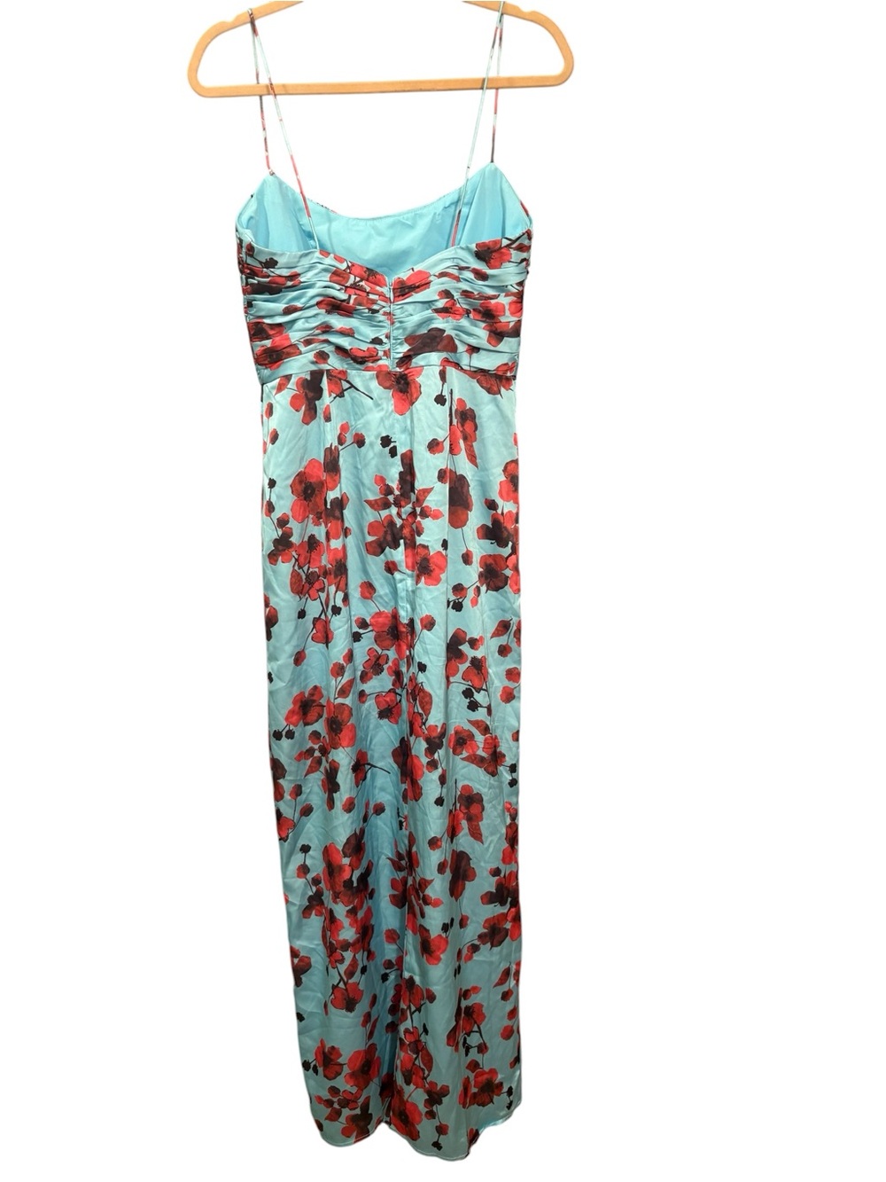 Hutch Luxe Sleeveless Ruched Side-Slit Satin Maxi Dress in Sky Floral Women’s 4 - Picture 9 of 14